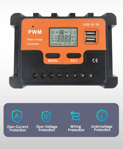 10A 20A 30A 40A 50A 60A  Solar Controller 12V 24V AUTO LCD PWM Regulator With USB for Solar Panel PV Baterry Charger Lights