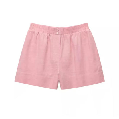 HH Women Casual Shorts Suit Lapel Single-Breasted Long Sleeves Shirt Top+Summer Elastic Waist Pocket Design Elegant Shorts