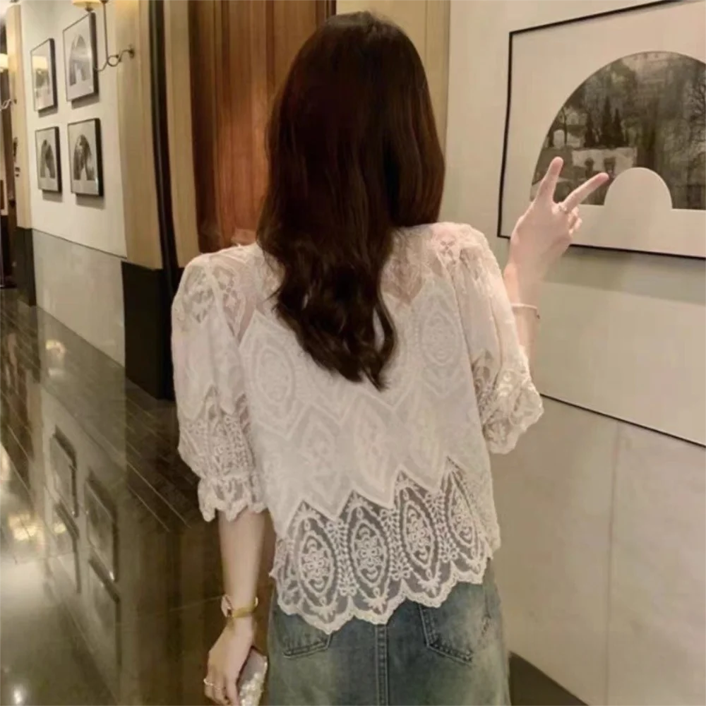 New Lace Hollow Out Bubble Sleeve Shirt Elegant V-neck Button Up Shirt Sweet Short Sleeve Blouses Summer