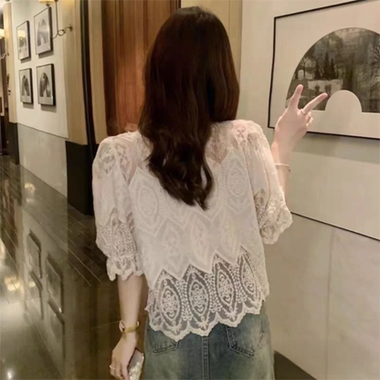 New Lace Hollow Out Bubble Sleeve Shirt Elegant V-neck Button Up Shirt Sweet Short Sleeve Blouses Summer