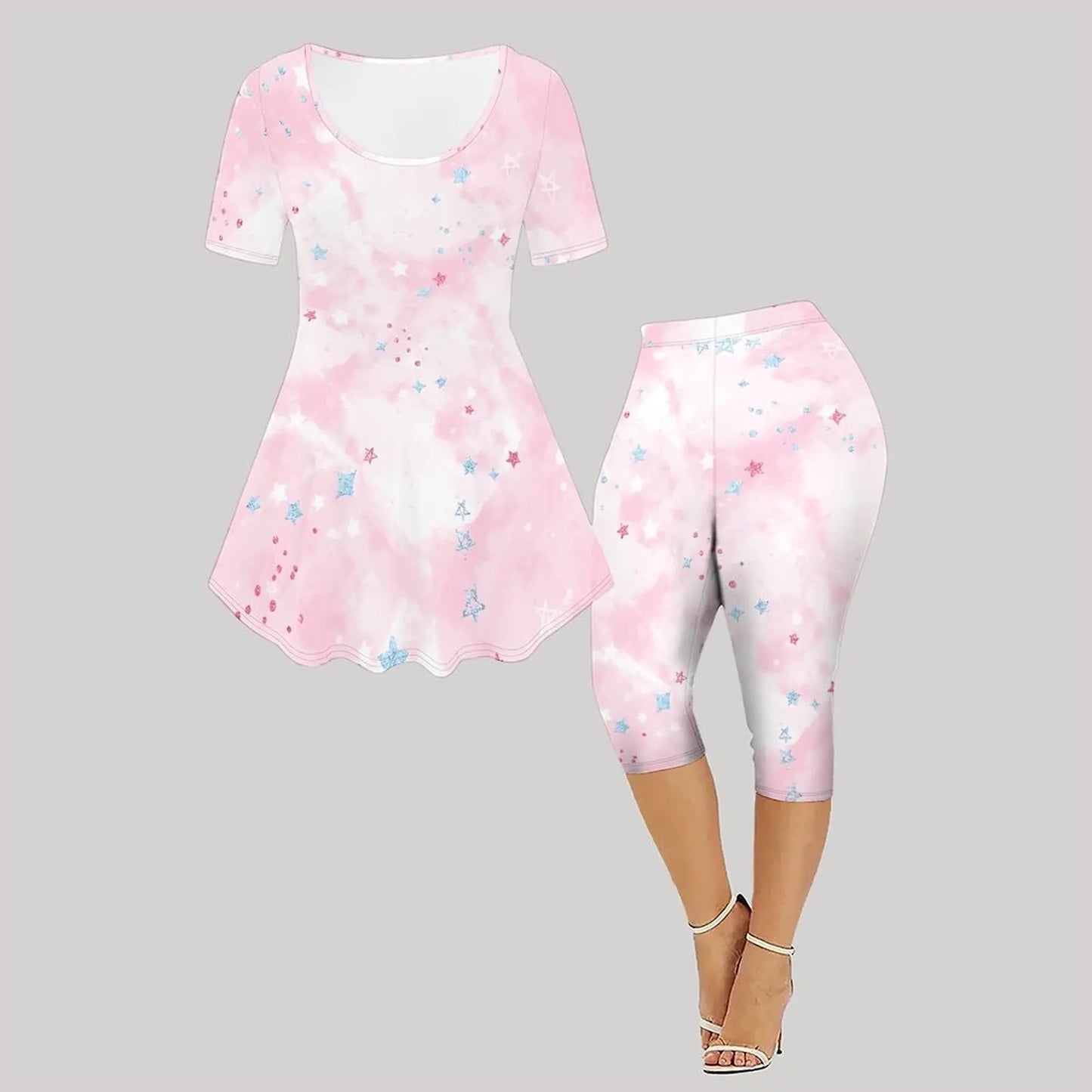 Sexy Two-piece Set  Elegance Knee-length PantsWomen's Vintage T-shirt  Elegant Short-sleeved Round-neck Printed Tops