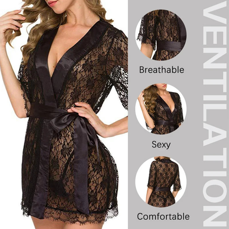 New Hot Sexy Women Floral Lace Lingerie V-Neck Sheer Mesh Nightgown Comfortable Ladies Kimono Nightdress Sleepwear