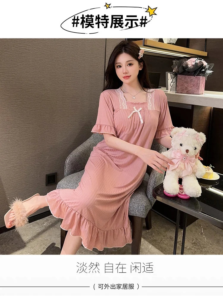 Hot Summer Plus Size Sexy Lace V-neck Short Sleeve Cotton Nightgowns for Women Cute Sleepwear Night Dress Nightdress Home Nighty