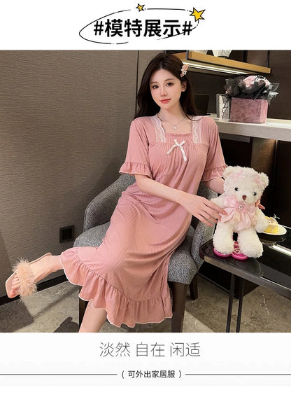 Hot Summer Plus Size Sexy Lace V-neck Short Sleeve Cotton Nightgowns for Women Cute Sleepwear Night Dress Nightdress Home Nighty