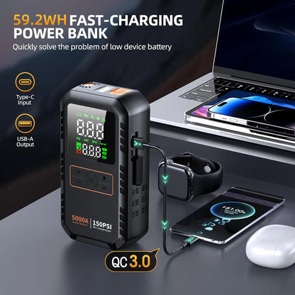 PAIVIROKU 5000A Car Jump Starter with Air Compressor 150PSI Tire Inflator, Portable Battery Booster for Cars, Bike & Motorcycle