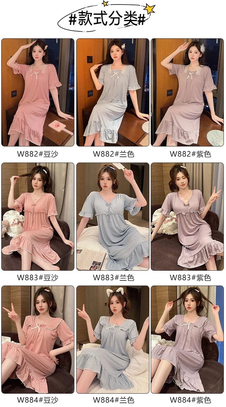 Hot Summer Plus Size Sexy Lace V-neck Short Sleeve Cotton Nightgowns for Women Cute Sleepwear Night Dress Nightdress Home Nighty