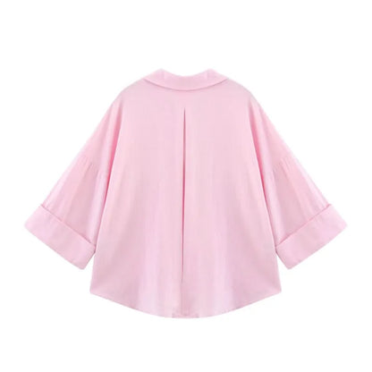 HipSeam Wide Sleeved Shirt Women Spring Asymmetric Hem Button Women's Shirts Simple Lady Johnny Collar Shirts & Blouses