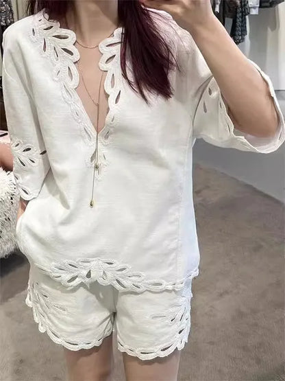 French Elegant White Linen Eyelet Lace Blouse Shorts Set Women V Neck Embroidered Hollow Out Tops And Elastic Waist Short Pants