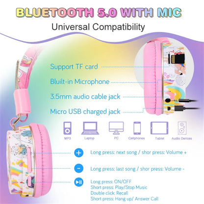 Unicorn Kids Headphones Bluetooth Headset Wireless & 3.5mm Wired Headsets Stereo Music Headphones for School Travel with Gifts