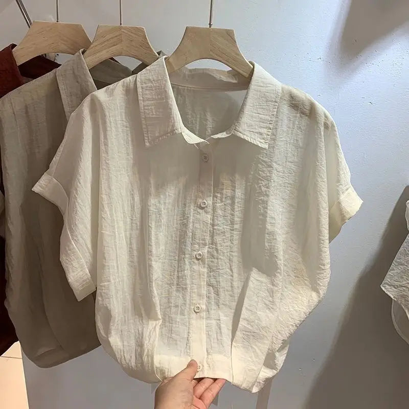 Summer Minimalist Shirt Women Solid Button Turn-down Collar Batwing Sleeve Thin Chiffon Short Sleeves Hem Fold Shirts Blouses