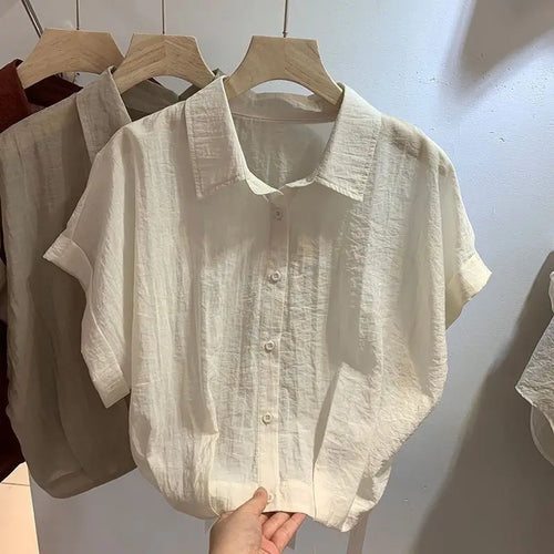 Summer Minimalist Shirt Women Solid Button Turn-down Collar Batwing Sleeve Thin Chiffon Short Sleeves Hem Fold Shirts Blouses