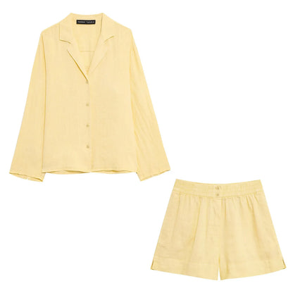 HH Women Casual Shorts Suit Lapel Single-Breasted Long Sleeves Shirt Top+Summer Elastic Waist Pocket Design Elegant Shorts