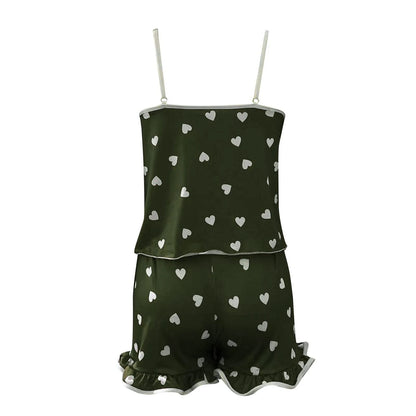 Women Summer Sleepwear Set Camisole Shorts Pajama Set Milk Silk Heart Print V Neck Sleeveless Sexy Loungewear Homewear