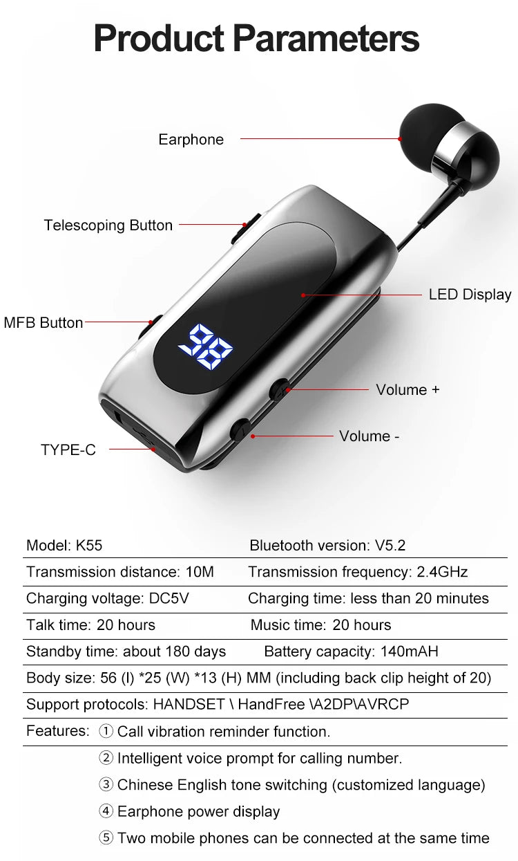 2023K55 Talk Time 20 Hours Headset  Call Remind Vibration Sport Clip Driver Auriculares Earphone PK F920