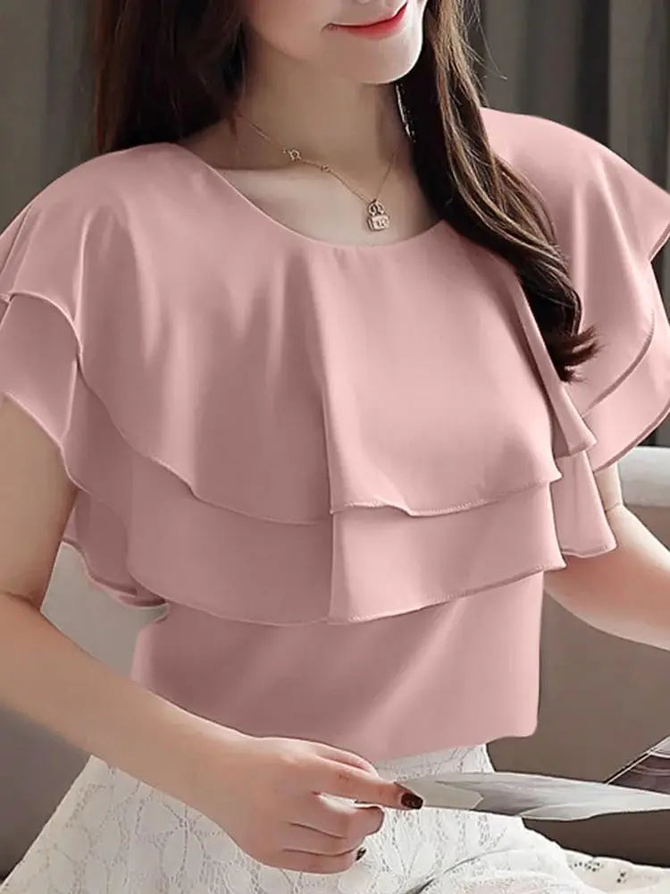 ZANZEA 2025 Women Shirts Vintage Round Neck Short Sleeve Blouses Fashion Double Ruffled Blusas Casual Pleated Solid Tops Femme