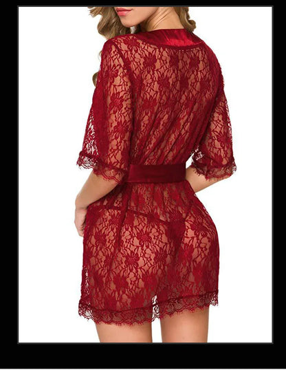 New Hot Sexy Women Floral Lace Lingerie V-Neck Sheer Mesh Nightgown Comfortable Ladies Kimono Nightdress Sleepwear