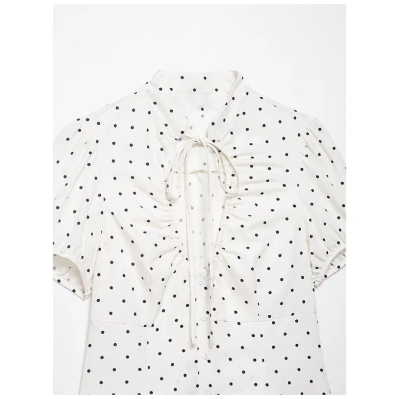 Women's Tops 2026 Summer Fashion Stand Collar Lace Up Short Sleeve Buttons Blouses Elegant Shirts Female Slim Top
