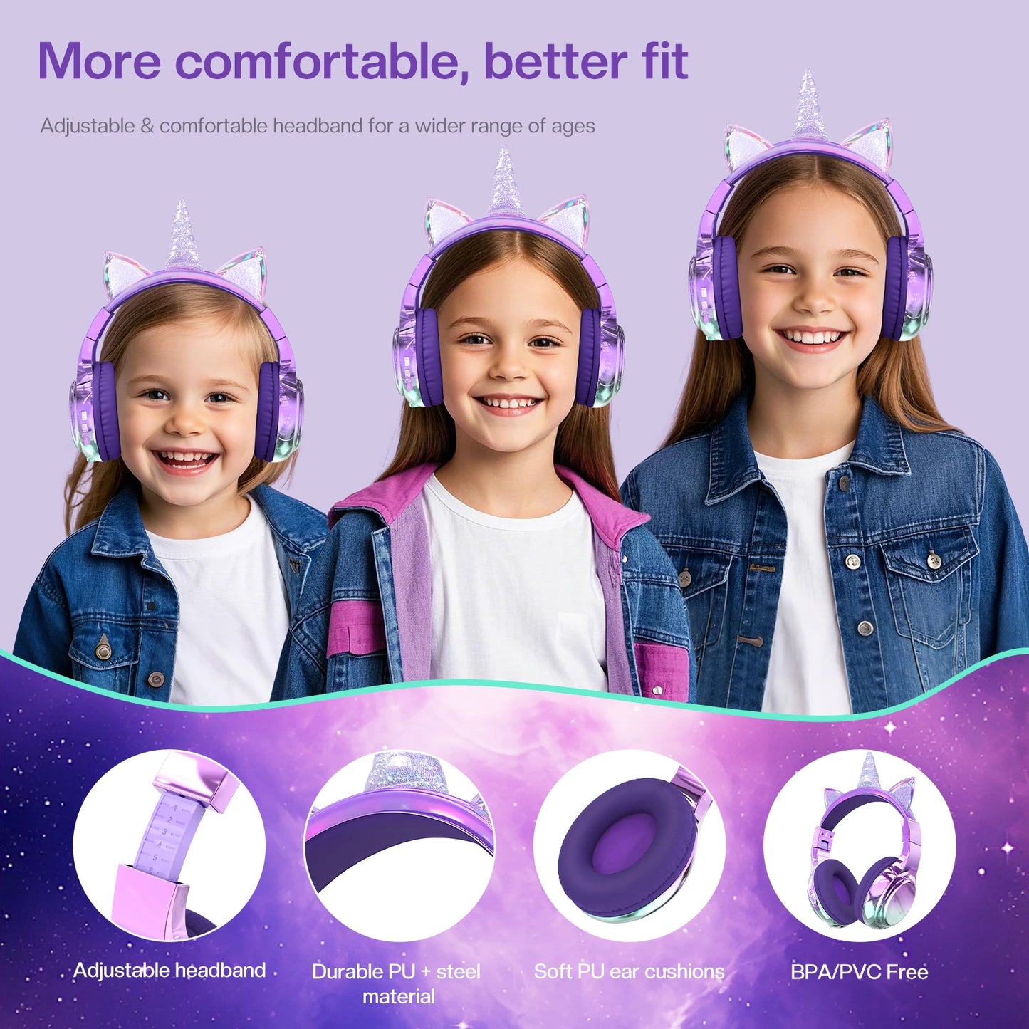 Unicorn Wireless Headphones for Kids Girls Bluetooth Earphones Foldable Cat Ear Headphones for School Travel Children's Headset