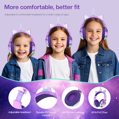 Unicorn Wireless Headphones for Kids Girls Bluetooth Earphones Foldable Cat Ear Headphones for School Travel Children's Headset