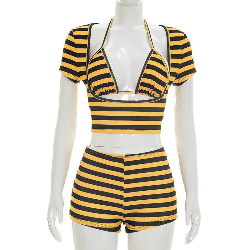 Women Striped Print 3 Piece Short Sets Summer Sexy Halter Lace-up Bra Short Sleeve Crop Top Shorts Matching Sets Beach Vacation