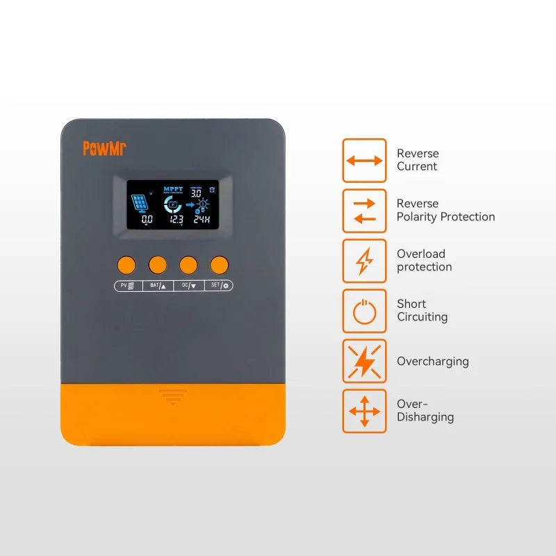 PowMr MPPT 25A 35A 45A Solar Charge Controller 12V 24V Auto Multi-Battery Compatibility & Protection Max PV 100V for Solar Home