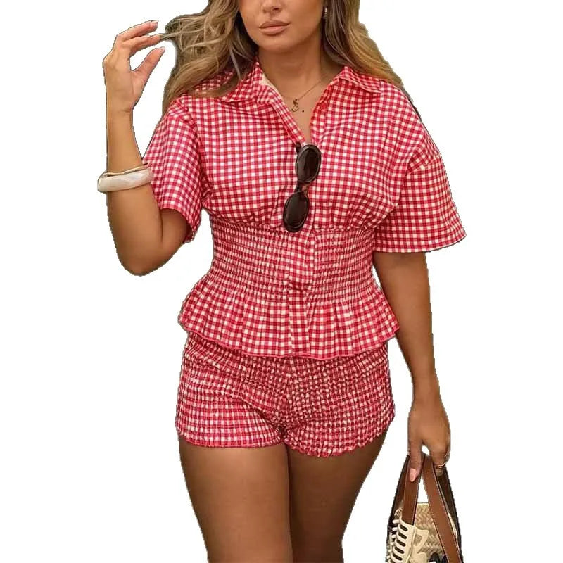 2025 Summer New Sweet Style Red and White Plaid Short Sleeve Shirt Collar Shorts Set