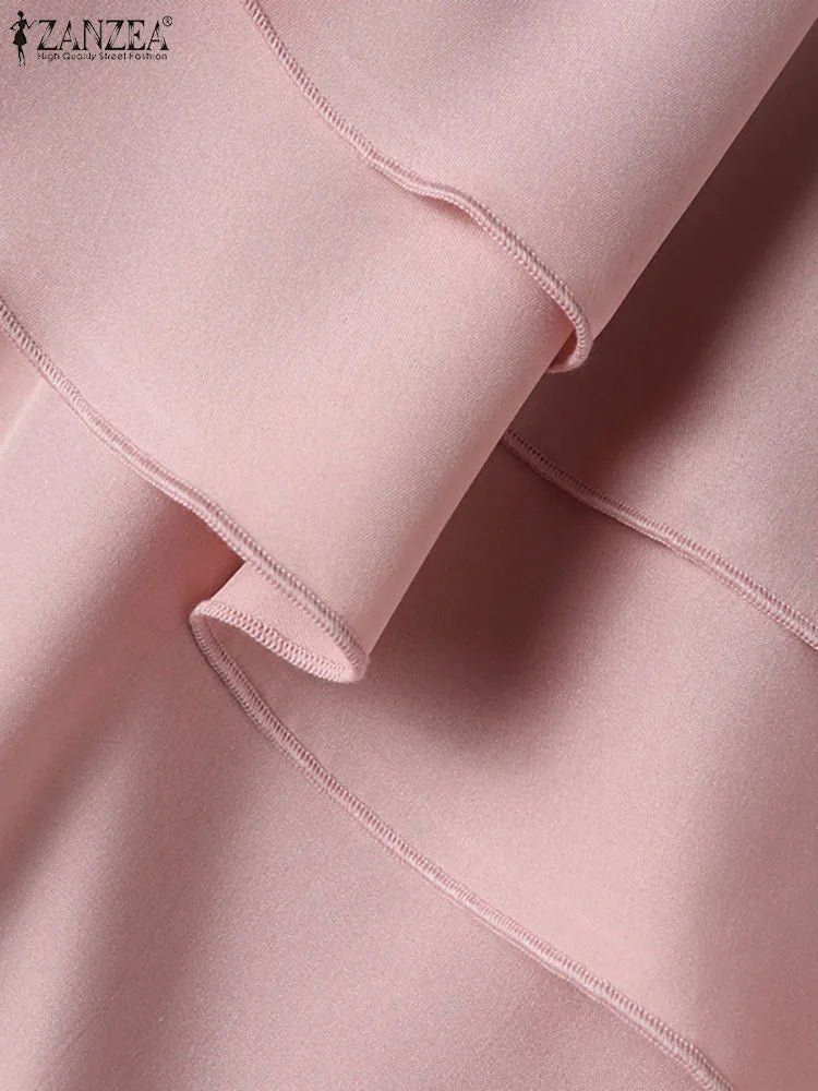 ZANZEA 2025 Women Shirts Vintage Round Neck Short Sleeve Blouses Fashion Double Ruffled Blusas Casual Pleated Solid Tops Femme