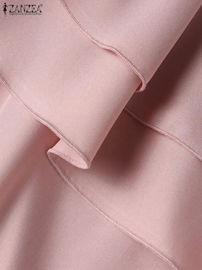 ZANZEA 2025 Women Shirts Vintage Round Neck Short Sleeve Blouses Fashion Double Ruffled Blusas Casual Pleated Solid Tops Femme