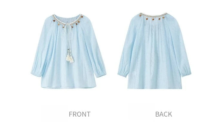 SENTUBILA Women's 2 Piece Bohemian Blouse Summer Set 2026 Beaded Tie Top Elastic Waist Shorts Clothing Set 161ZC4660