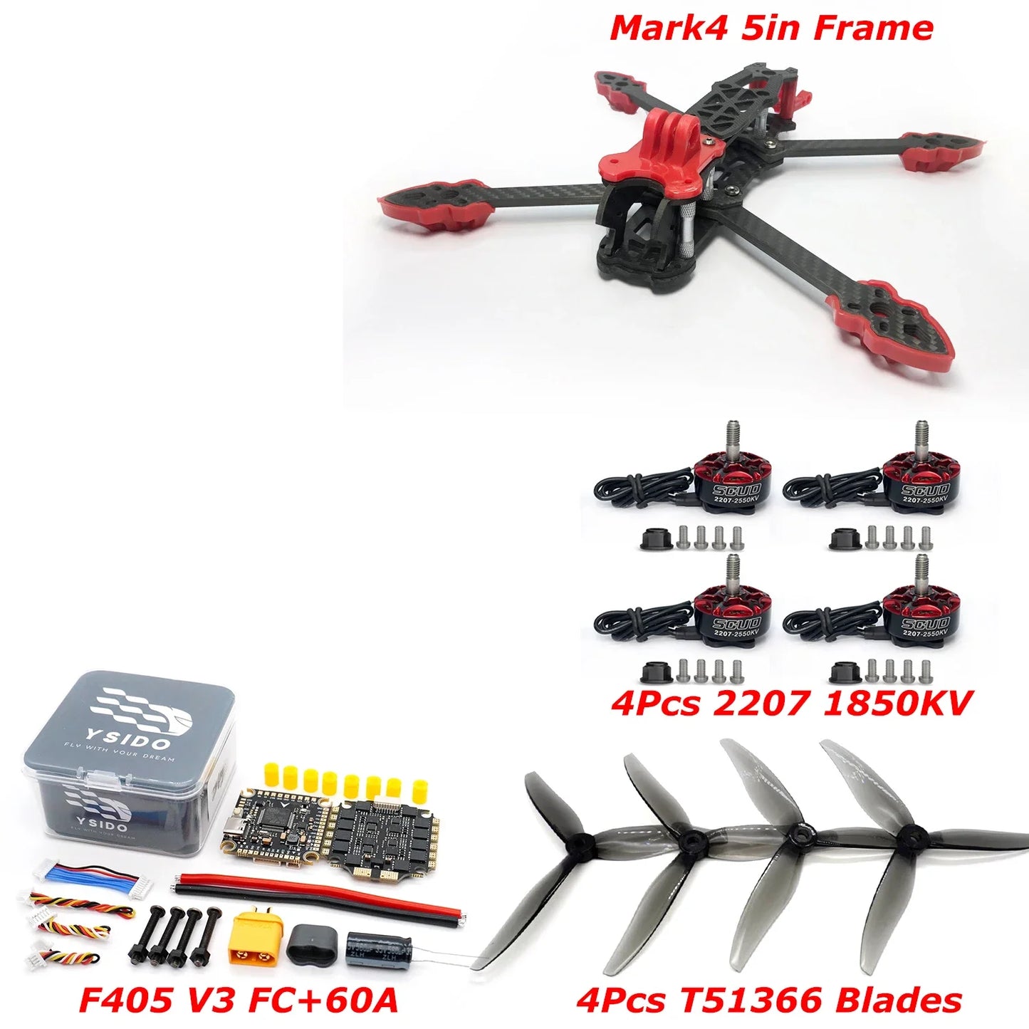 Mark4 5inch Frame Kit F405 V3 FC 60A ESC Stack 2207 1850KV Brushless Motor Propeller B19 Camera 915MHz ELRS RC FPV Racing Drone