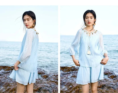 SENTUBILA Women's 2 Piece Bohemian Blouse Summer Set 2026 Beaded Tie Top Elastic Waist Shorts Clothing Set 161ZC4660