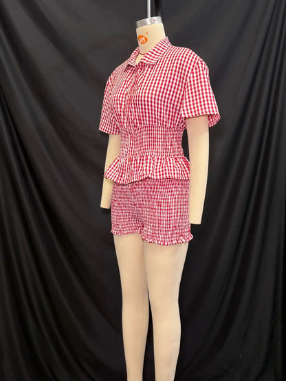2025 Summer New Sweet Style Red and White Plaid Short Sleeve Shirt Collar Shorts Set