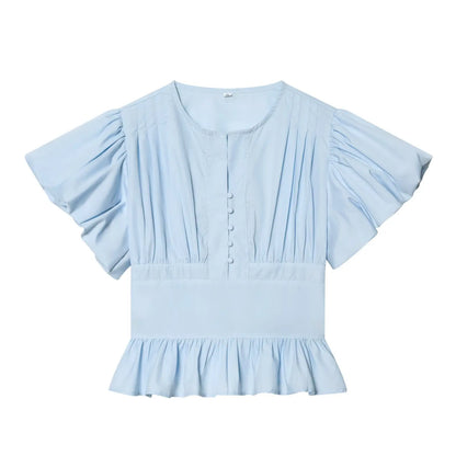 Women's Puff Sleeve Blouse New 2026 Spring Summer Vintage Simple O Neck Button Women Pintuck Shirts & Blouses Chic Female Tops