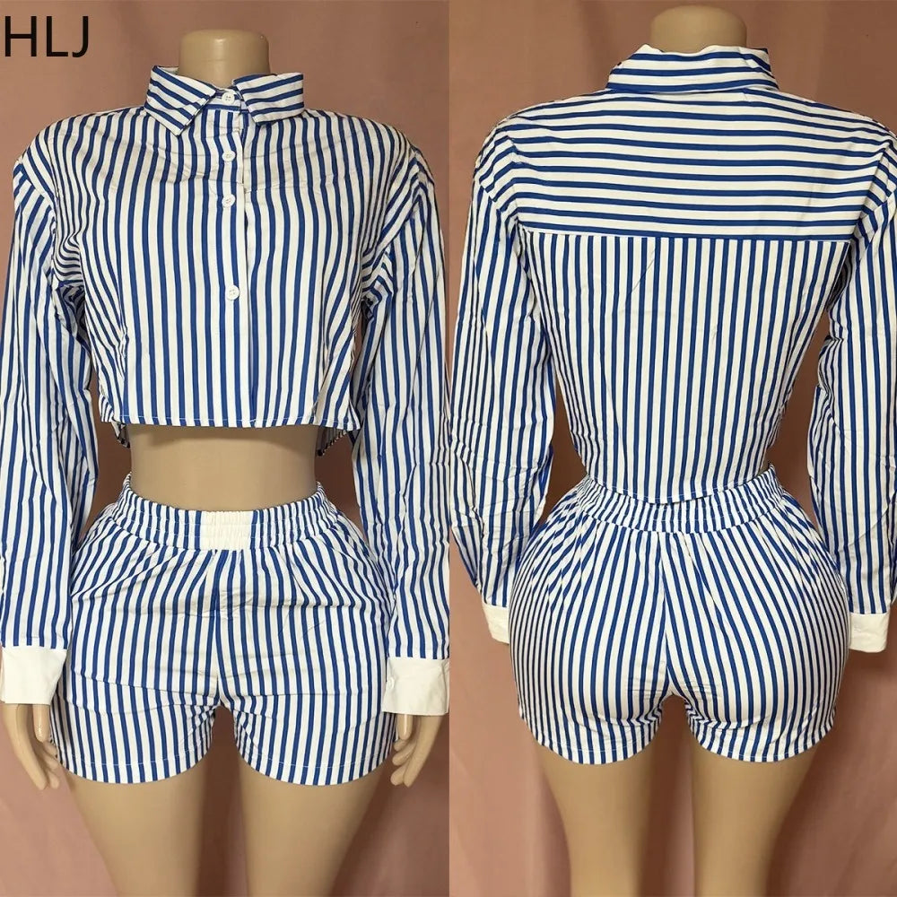 HLJ Spring Summer Ladies Shorts Outfits Stripes Crop Shirt Top + Shorts Two Piece Set Casual Matching Women 2 Piece Clothing Set