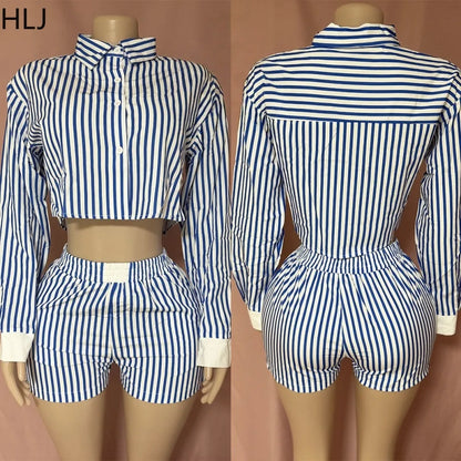HLJ Spring Summer Ladies Shorts Outfits Stripes Crop Shirt Top + Shorts Two Piece Set Casual Matching Women 2 Piece Clothing Set