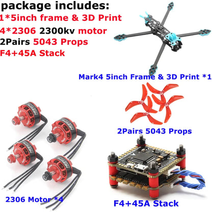 Mark4 5inch FPV Frame Kit 2306 Motor F4V3S PLUS FC 45A ESC Stack ELRS 915MHz RX 5043 Prop GPS Print Part for RC fpv Racing Drone