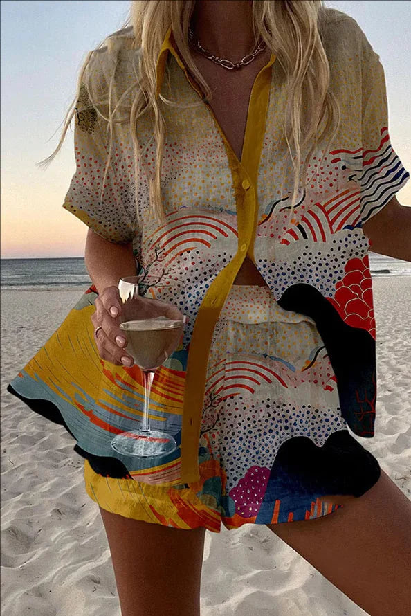 Casual Women Printed Blouse Shorts Two Pieces Sets Lapel Short Sleeve Button Shirt Suit Female New Summer Beach Holiday Outfits