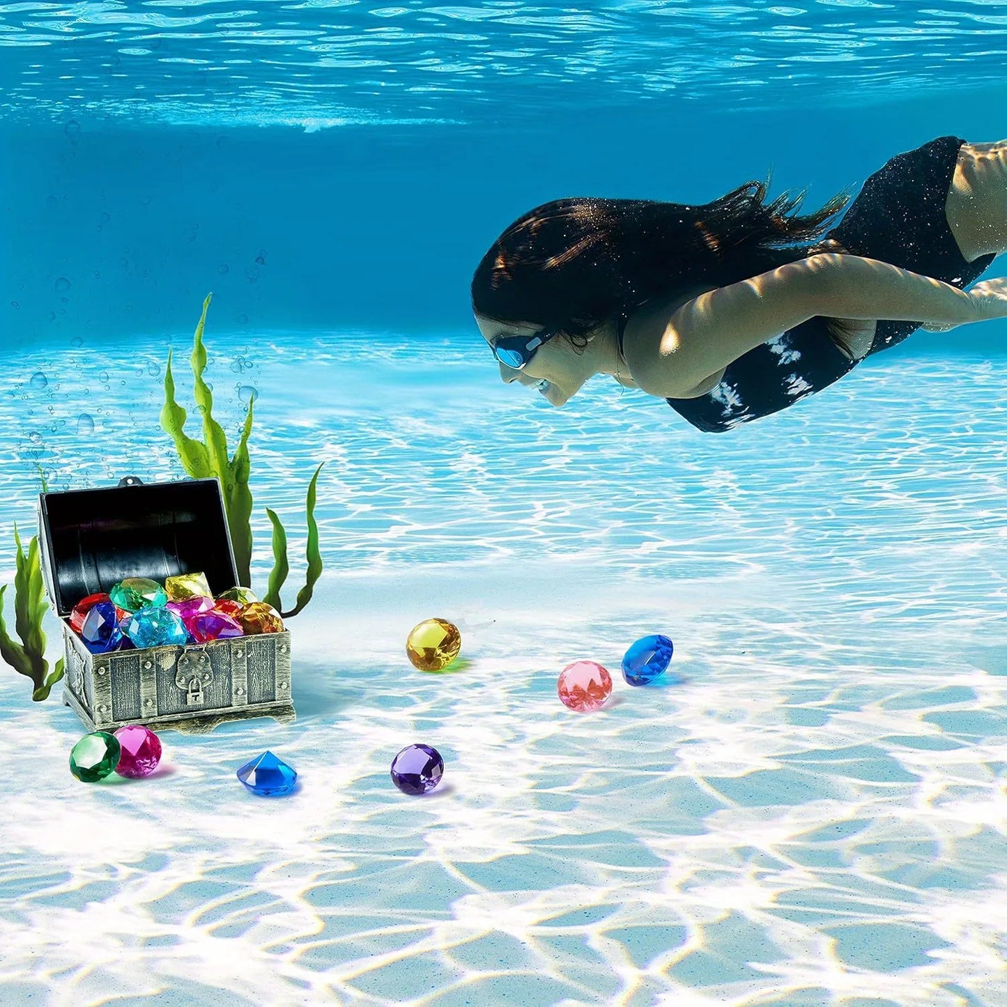 Joyfy Diving Gems Pool Toys 16 Big Colorful Diamond with Pirate Treasure Chest for Kids Underwater Gemstone Swimming Train Gift