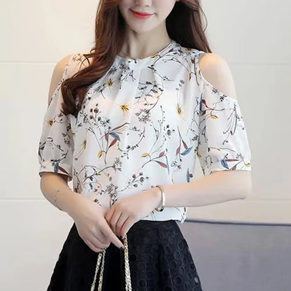 New Floral Print Women Shirt Elegant Summer Tops Off Shoulder Blouses Short Sleeve Woman Blouse