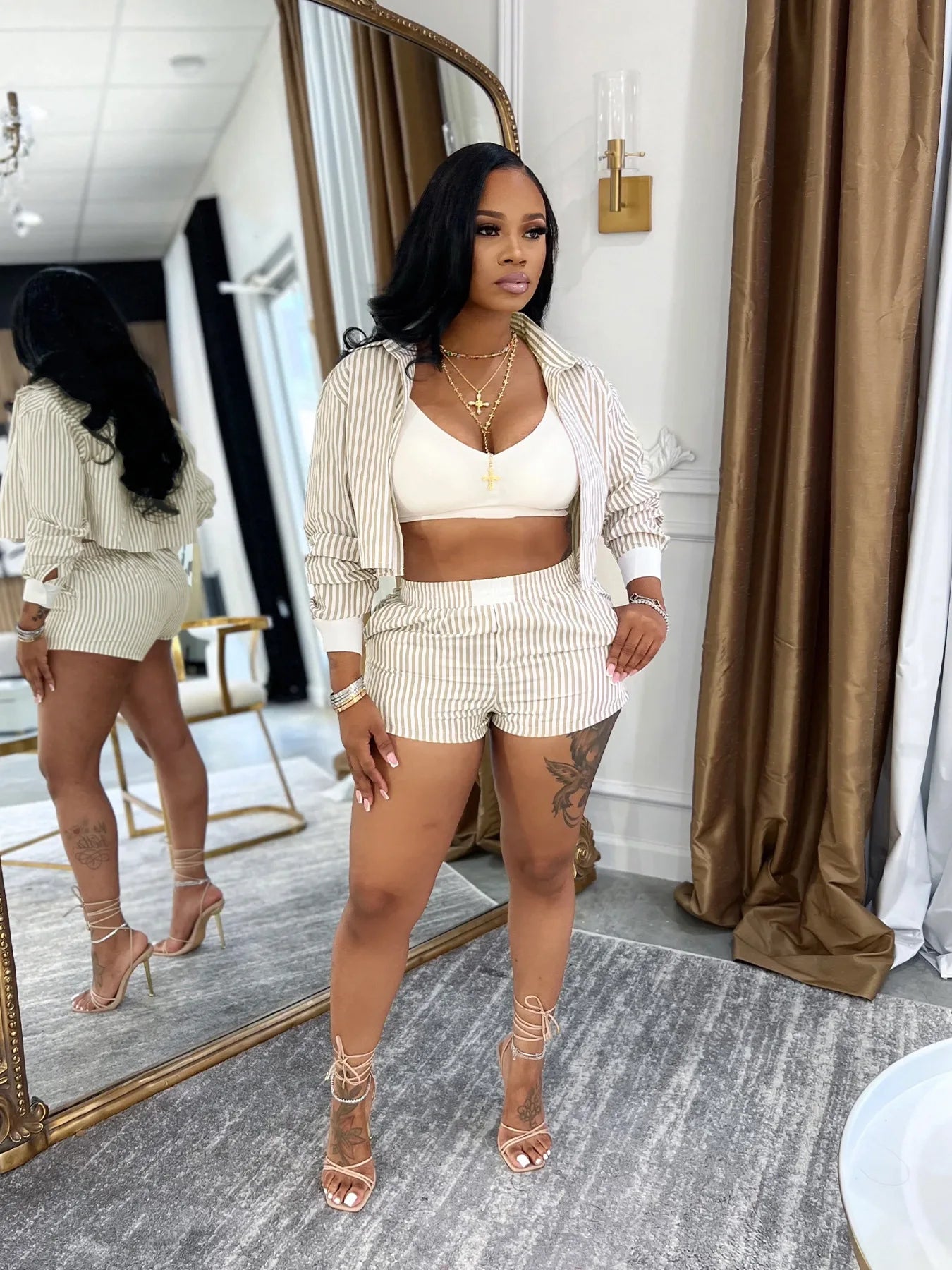HLJ Spring Summer Ladies Shorts Outfits Stripes Crop Shirt Top + Shorts Two Piece Set Casual Matching Women 2 Piece Clothing Set