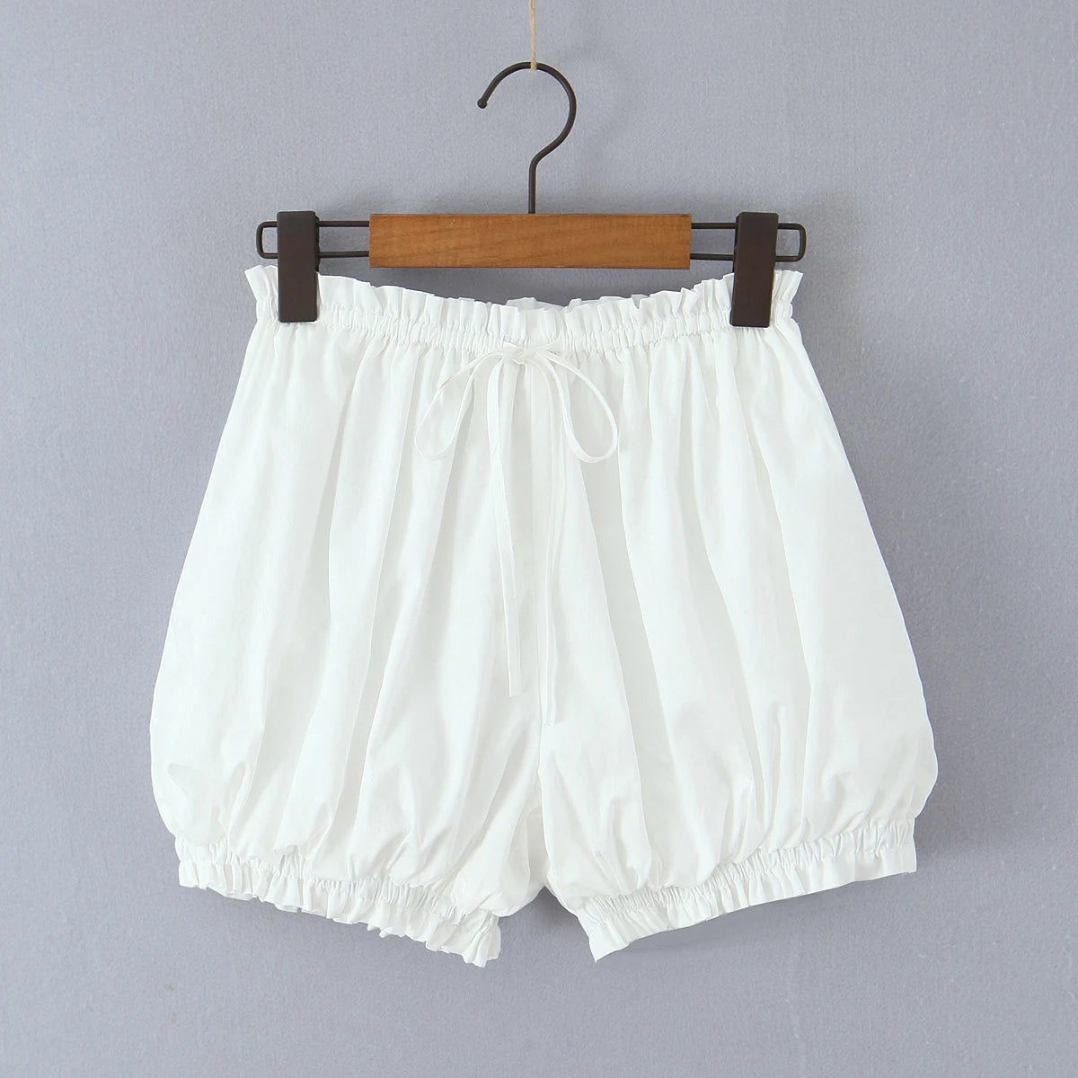 2 pieces 1 set Spring Summer White Elastic Slash Shoulder Lantern Sleeve Shirt + Wood ears Elastic Waist BUD Mini Shorts Suits