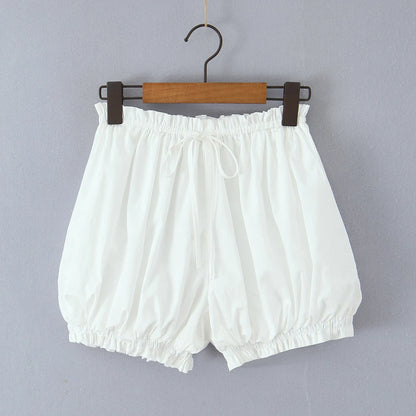 2 pieces 1 set Spring Summer White Elastic Slash Shoulder Lantern Sleeve Shirt + Wood ears Elastic Waist BUD Mini Shorts Suits