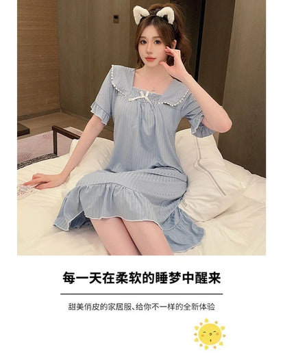 Hot Summer Plus Size Sexy Lace V-neck Short Sleeve Cotton Nightgowns for Women Cute Sleepwear Night Dress Nightdress Home Nighty