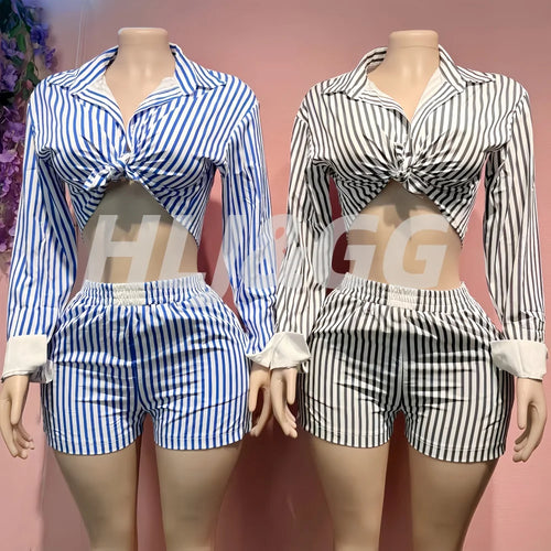 HLJ Spring Summer Ladies Shorts Outfits Stripes Crop Shirt Top + Shorts Two Piece Set Casual Matching Women 2 Piece Clothing Set