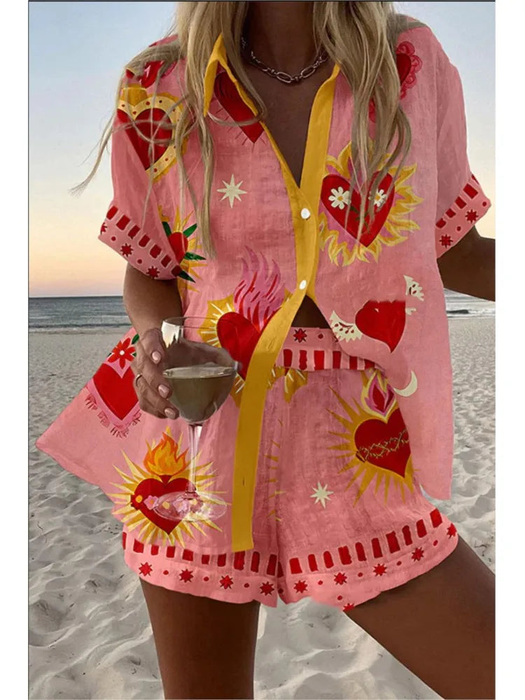 Casual Women Printed Blouse Shorts Two Pieces Sets Lapel Short Sleeve Button Shirt Suit Female New Summer Beach Holiday Outfits