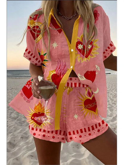 Casual Women Printed Blouse Shorts Two Pieces Sets Lapel Short Sleeve Button Shirt Suit Female New Summer Beach Holiday Outfits