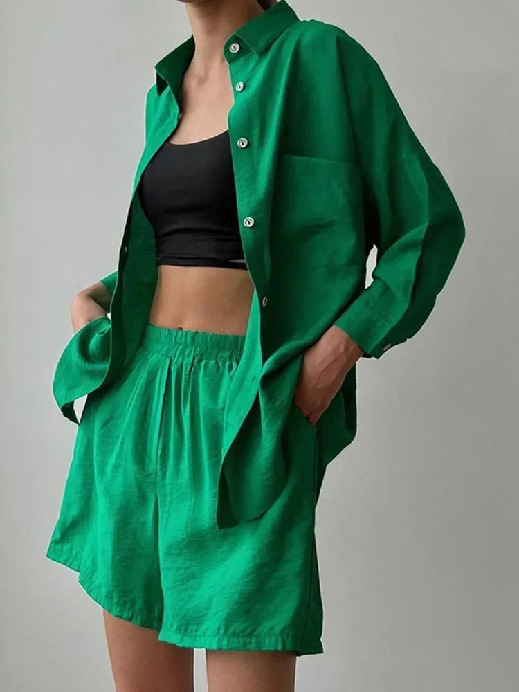 Summer Women's Suit Shirt and Short Sets Solid Color Casual Cotton and Linen Blouse and Shorts Two Piece Sets Women Outfit 2026
