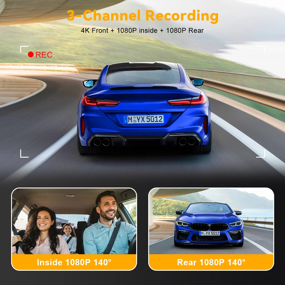 3 Channel WiFi 4K Dash Cam Front and Inside DashCam 1080P Rear Camera Night Vision 24H Parking Car DVR Black Box Support GPS