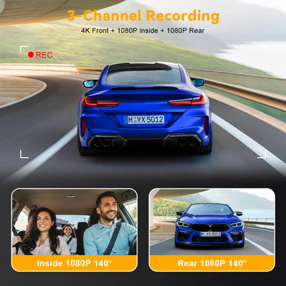 3 Channel WiFi 4K Dash Cam Front and Inside DashCam 1080P Rear Camera Night Vision 24H Parking Car DVR Black Box Support GPS
