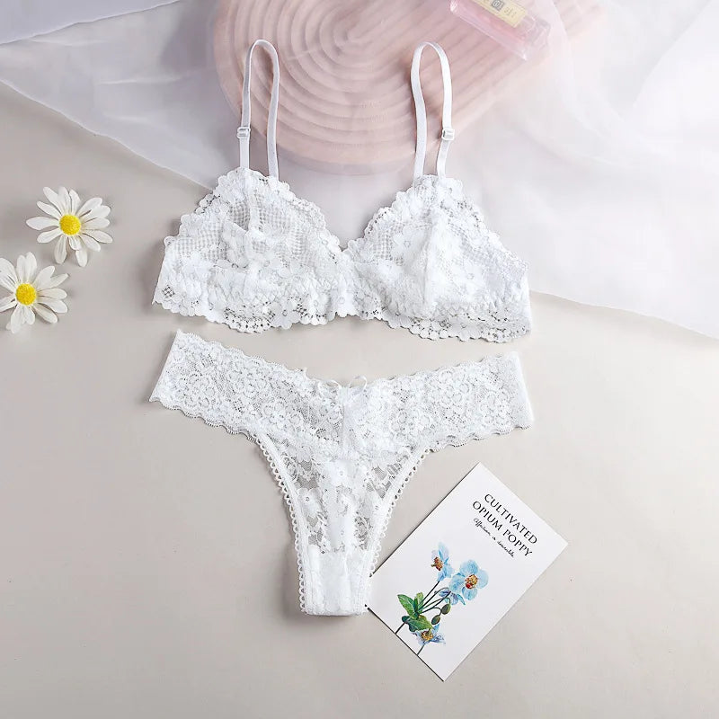 Women's Wireless Lace Bra and Panties Set Sheer Bralette Low Waist Thongs Triangle Cup Sexy Lingerie Set Ladies Underwear S-L